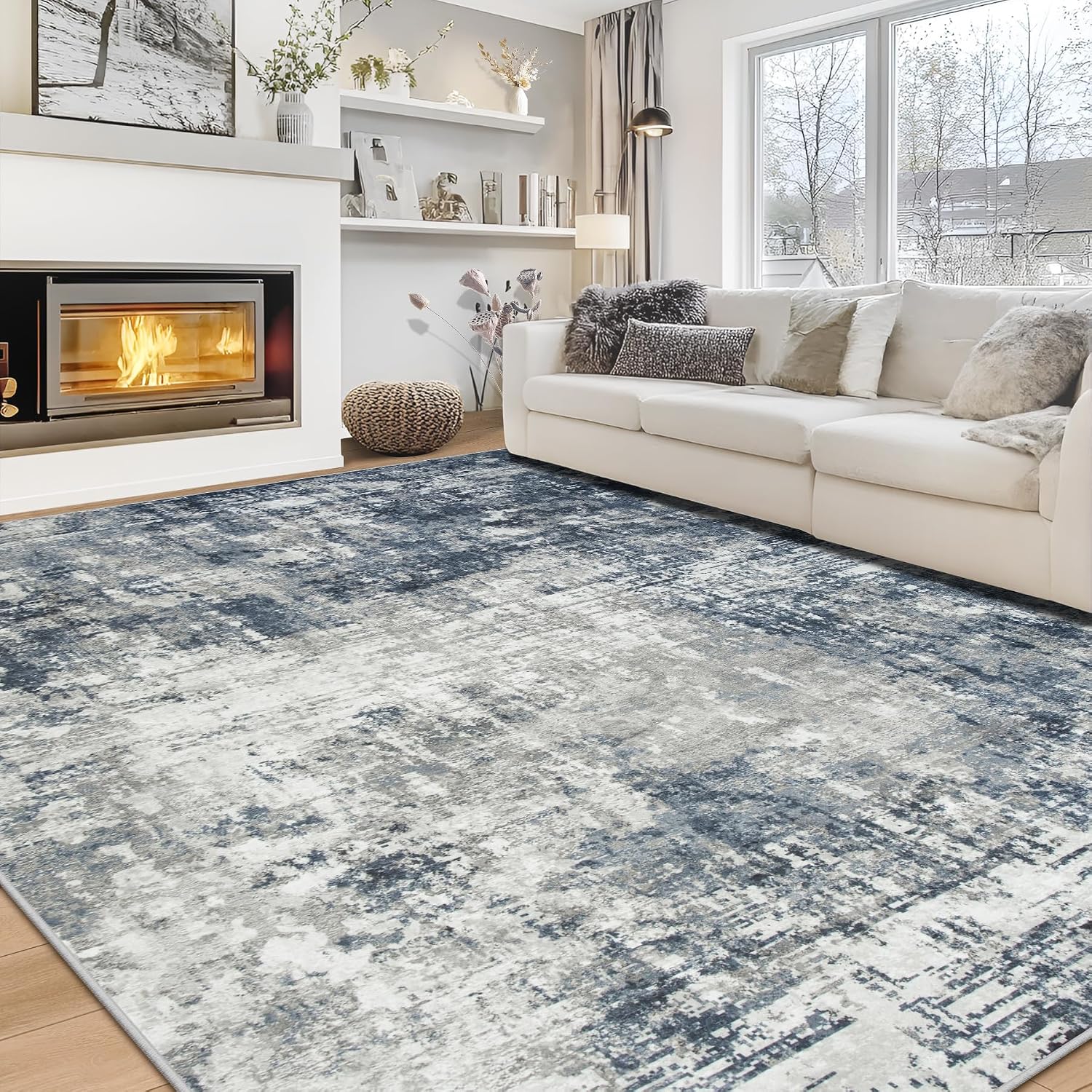 aelenmu-8x10-blue-grey-abstract-area-rug-for-living-room-washable-pet-proof-01 Aelenmu 8x10 blue and grey abstract area rug on a wooden floor, enhancing a modern living room.