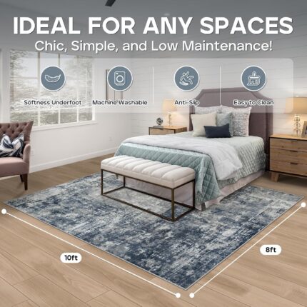 Aelenmu 8x10 blue and grey abstract area rug on a wooden floor, enhancing a modern living room.