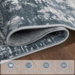 Aelenmu 8x10 blue and grey abstract area rug on a wooden floor, enhancing a modern living room.