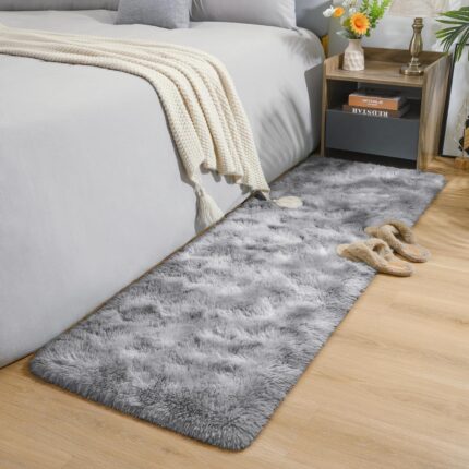 A plush 2x6 feet AROGAN runner rug in grey and white with a textured rainbow pattern, suitable for a child's room.