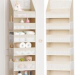 Beige Criusia over the door organizer with 6 deep shelves and 13 mesh pockets, hanging on a white door.