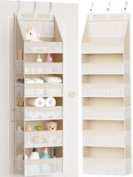 Beige Criusia over the door organizer with 6 deep shelves and 13 mesh pockets, hanging on a white door.