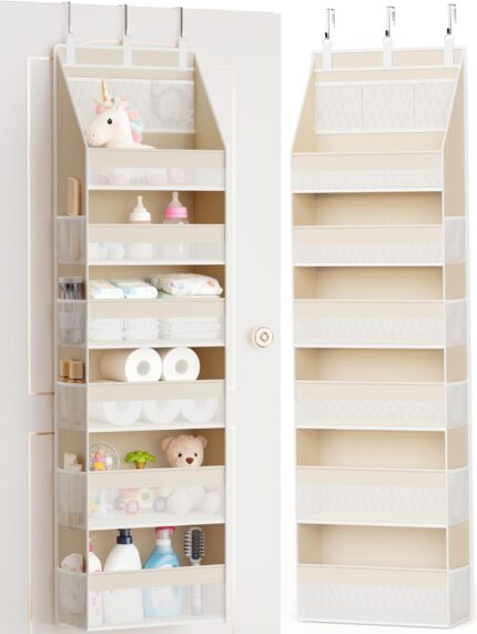 Beige Criusia over the door organizer with 6 deep shelves and 13 mesh pockets, hanging on a white door.