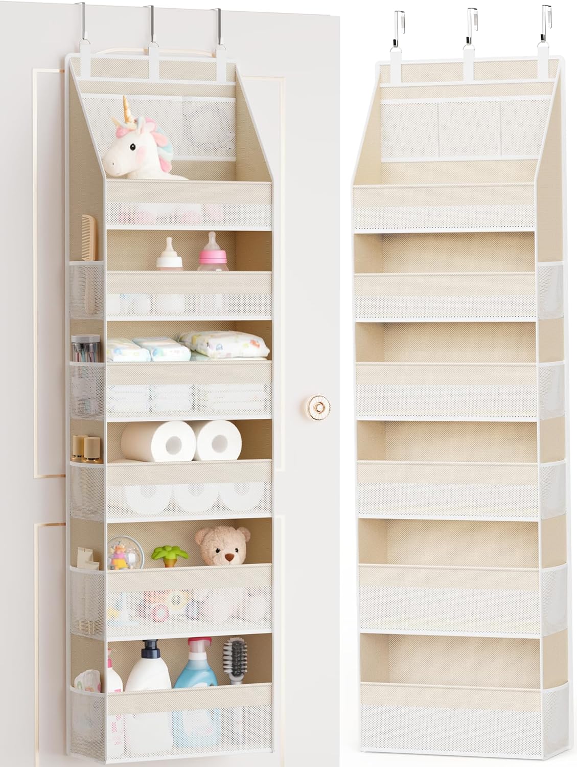 criusia-6-shelf-over-the-door-organizer-with-13-pockets-55lb-capacity-beige-01 Beige Criusia over the door organizer with 6 deep shelves and 13 mesh pockets, hanging on a white door.