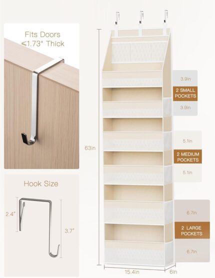 Beige Criusia over the door organizer with 6 deep shelves and 13 mesh pockets, hanging on a white door.