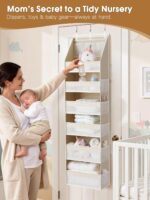 Beige Criusia over the door organizer with 6 deep shelves and 13 mesh pockets, hanging on a white door.