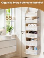 Beige Criusia over the door organizer with 6 deep shelves and 13 mesh pockets, hanging on a white door.