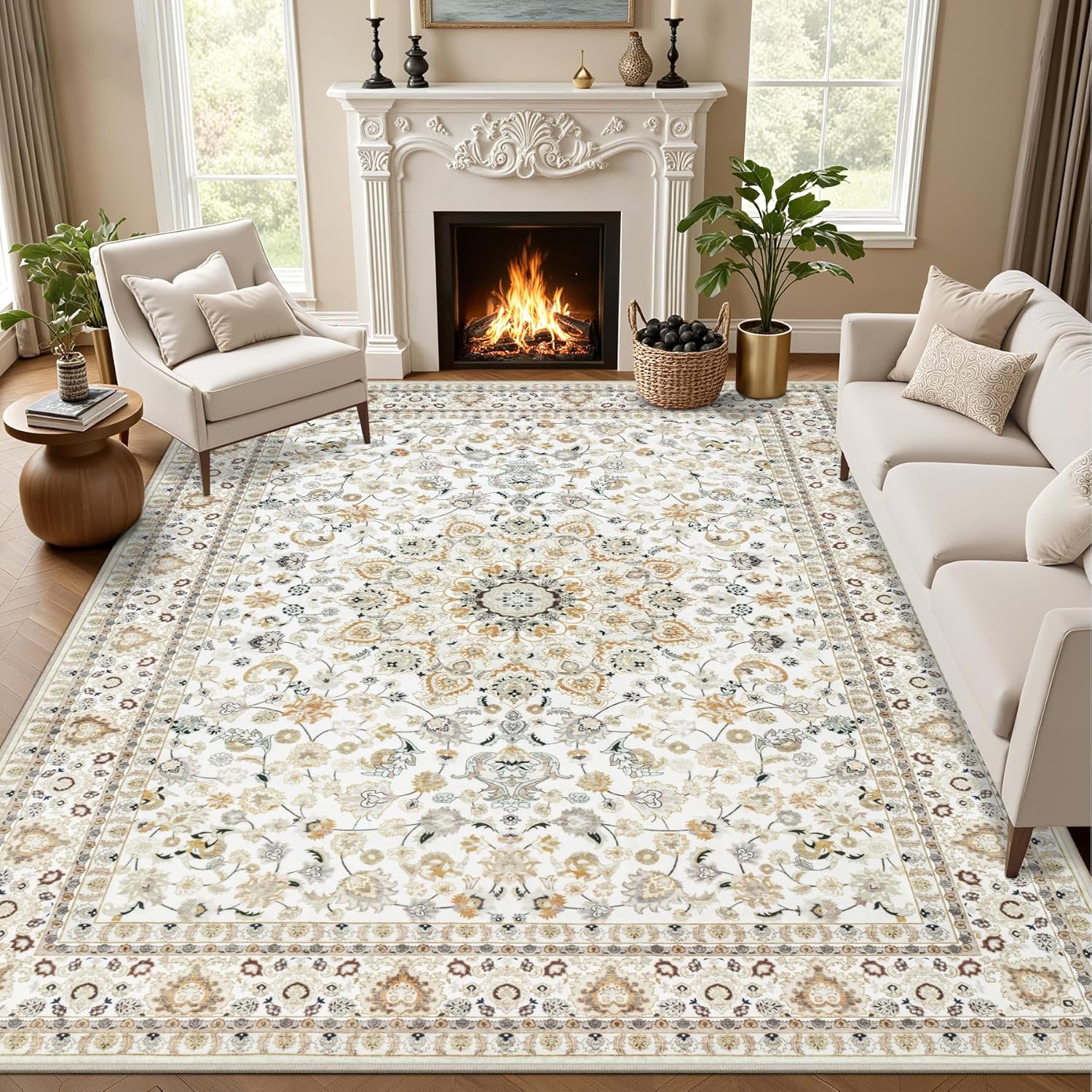 expedix-vintage-beige-5x7-area-rug-for-living-room-washable-non-slip-01 ExpediX 5x7 beige area rug with a vintage medallion pattern, soft texture, and non-slip backing, placed in a living room.