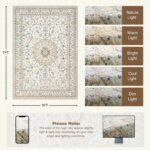 ExpediX 5x7 beige area rug with a vintage medallion pattern, soft texture, and non-slip backing, placed in a living room.