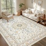 ExpediX 5x7 beige area rug with a vintage medallion pattern, soft texture, and non-slip backing, placed in a living room.