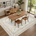 ExpediX 5x7 beige area rug with a vintage medallion pattern, soft texture, and non-slip backing, placed in a living room.