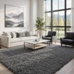 An 8x10 rectangular Fuzziness grey fluffy shag area rug with a modern tie-dye pattern on a living room floor.