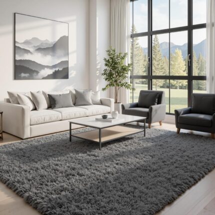 An 8x10 rectangular Fuzziness grey fluffy shag area rug with a modern tie-dye pattern on a living room floor.