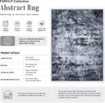 A black 5x7 modern abstract area rug with subtle patterns, laid out in a living room setting.