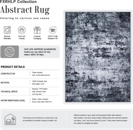 A black 5x7 modern abstract area rug with subtle patterns, laid out in a living room setting.