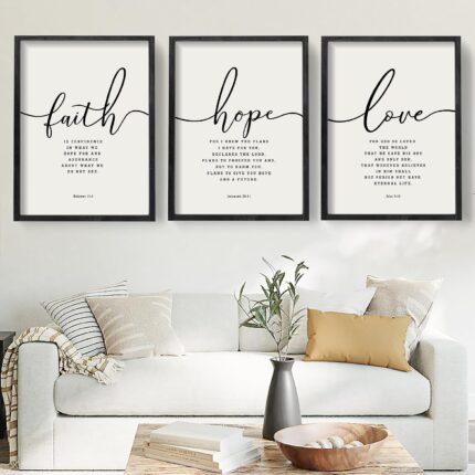 Three 11x14 inch black framed wall art pieces featuring Bible verses in a farmhouse style, displayed on a light-colored wall.