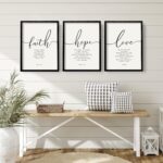 Three 11x14 inch black framed wall art pieces featuring Bible verses in a farmhouse style, displayed on a light-colored wall.