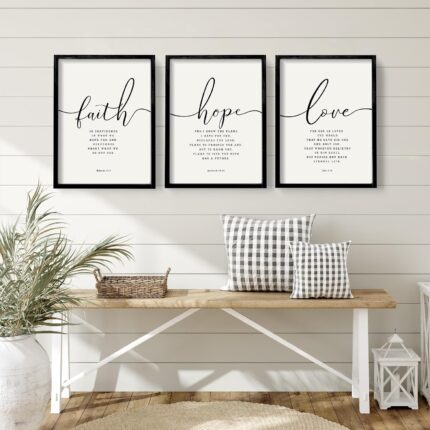 Three 11x14 inch black framed wall art pieces featuring Bible verses in a farmhouse style, displayed on a light-colored wall.
