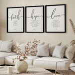 Three 11x14 inch black framed wall art pieces featuring Bible verses in a farmhouse style, displayed on a light-colored wall.