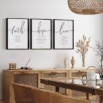 Three 11x14 inch black framed wall art pieces featuring Bible verses in a farmhouse style, displayed on a light-colored wall.