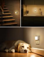 Two L LOHAS LED square plug-in night lights with a glossy white finish, emitting a soft glow.