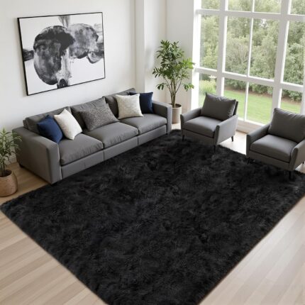 A black 8x10 Luxturiy fluffy shag area rug, shown spread out on a floor in a modern living room setting.