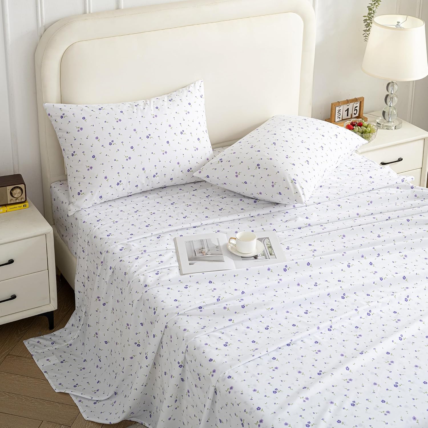 Floral Printed Queen Sheet Set, 4 Pieces, Purple