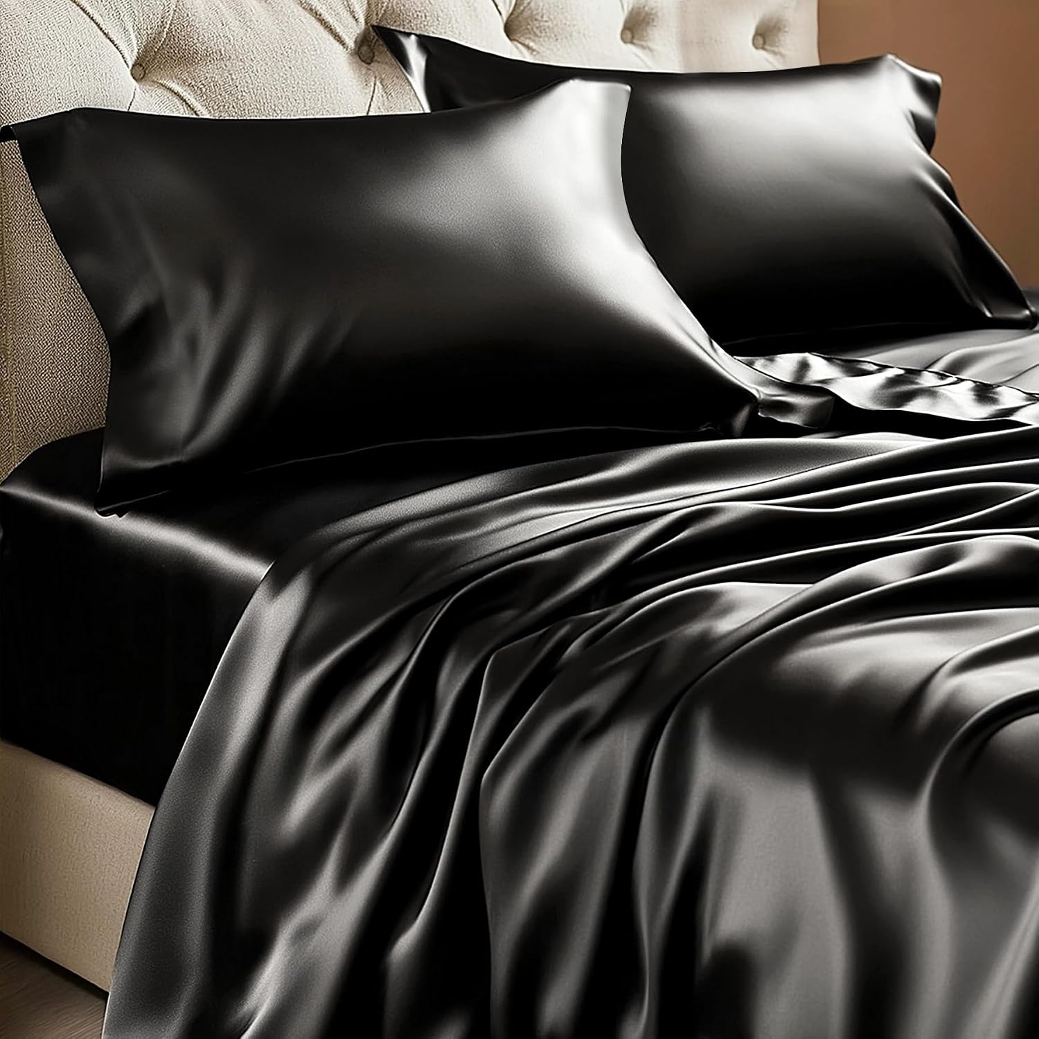 Satin Queen Sheet Set, 4 Pieces, Black