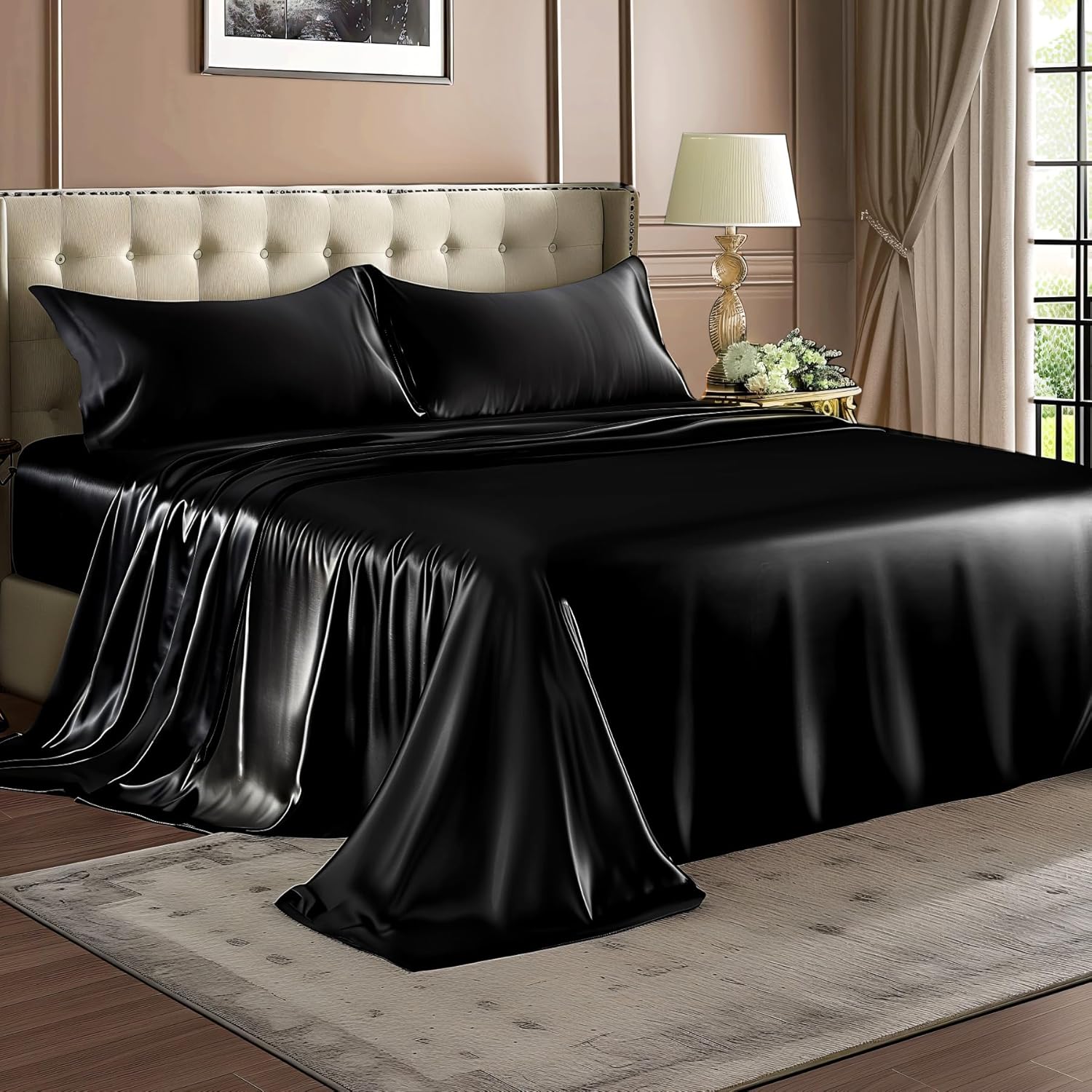 Satin Queen Sheet Set, 4 Pieces, Black