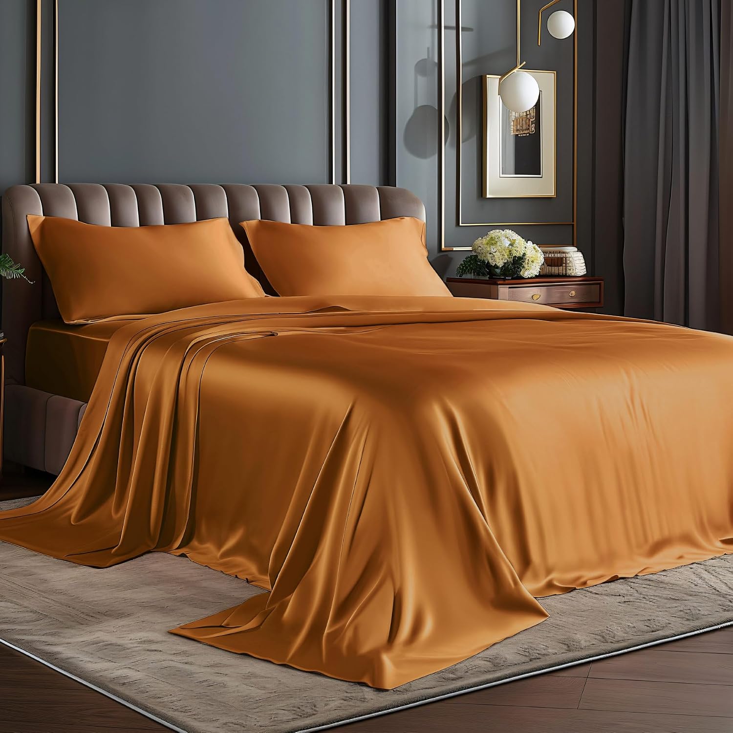 Satin Queen Sheet Set, 4 Pieces, Burnt Orange