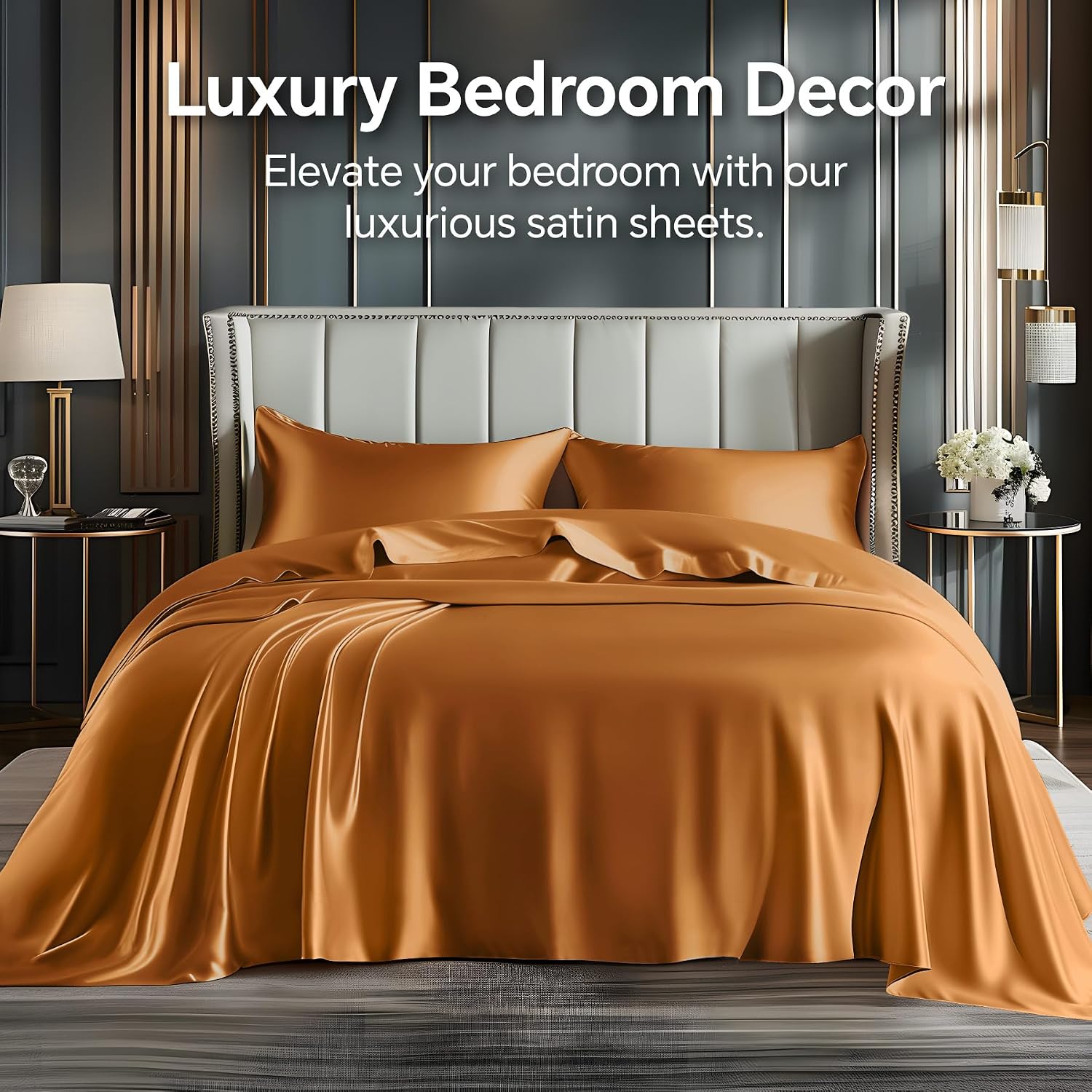 Satin Queen Sheet Set, 4 Pieces, Burnt Orange