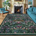 A dark green 8x10 area rug with a vintage floral pattern, suitable for a living room or bedroom.