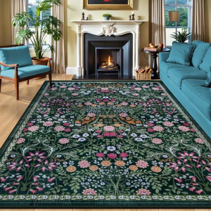 A dark green 8x10 area rug with a vintage floral pattern, suitable for a living room or bedroom.