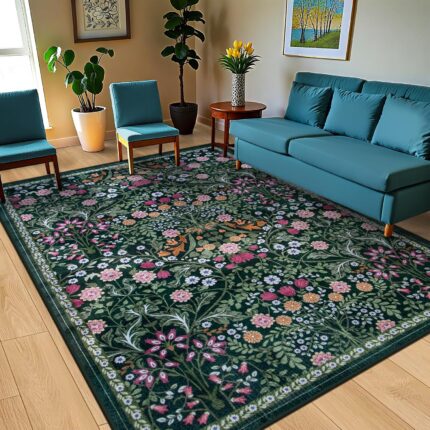 A dark green 8x10 area rug with a vintage floral pattern, suitable for a living room or bedroom.