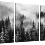 Three vertical panels of TYTAUPT black and white foggy forest canvas art, each 12x16 inches, hanging on a wall
