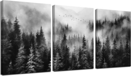 Three vertical panels of TYTAUPT black and white foggy forest canvas art, each 12x16 inches, hanging on a wall