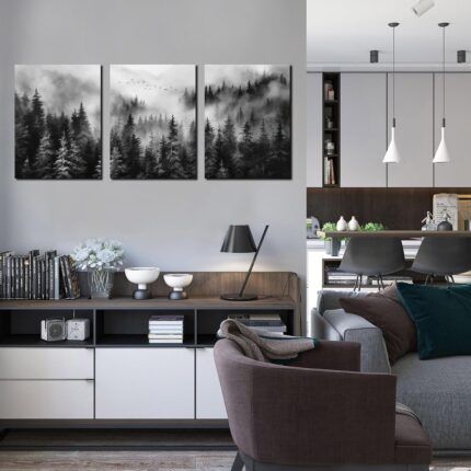 Three vertical panels of TYTAUPT black and white foggy forest canvas art, each 12x16 inches, hanging on a wall