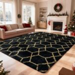 An 8x10 yulidayang black and gold geometric shag area rug with a high, fluffy pile, laid out on a floor.