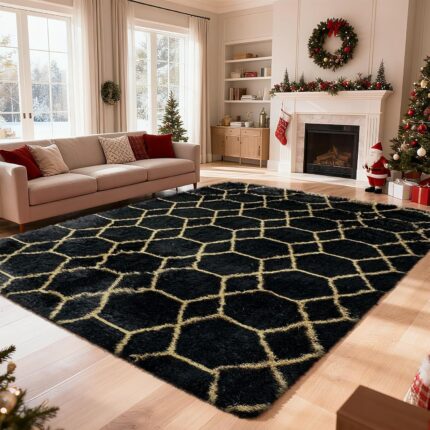 An 8x10 yulidayang black and gold geometric shag area rug with a high, fluffy pile, laid out on a floor.