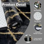 An 8x10 yulidayang black and gold geometric shag area rug with a high, fluffy pile, laid out on a floor.