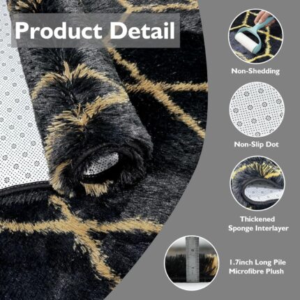 An 8x10 yulidayang black and gold geometric shag area rug with a high, fluffy pile, laid out on a floor.