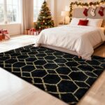 An 8x10 yulidayang black and gold geometric shag area rug with a high, fluffy pile, laid out on a floor.