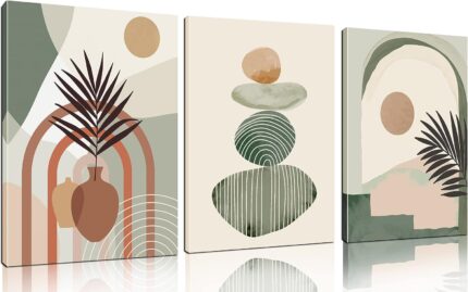 Three ZHAOSHOP boho-style green canvas wall art panels, each 16x12 inches, framed and ready to hang on a wall.
