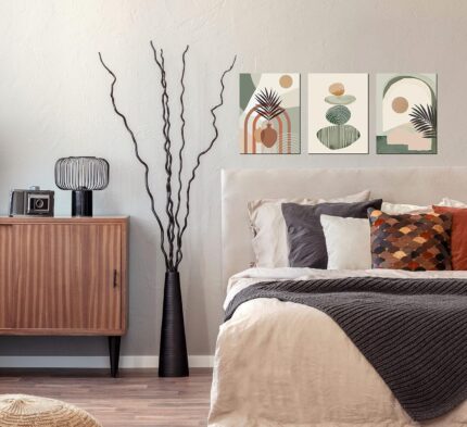 Three ZHAOSHOP boho-style green canvas wall art panels, each 16x12 inches, framed and ready to hang on a wall.