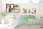 Three ZHAOSHOP boho-style green canvas wall art panels, each 16x12 inches, framed and ready to hang on a wall.