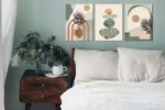 Three ZHAOSHOP boho-style green canvas wall art panels, each 16x12 inches, framed and ready to hang on a wall.
