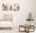 Three ZHAOSHOP boho-style green canvas wall art panels, each 16x12 inches, framed and ready to hang on a wall.